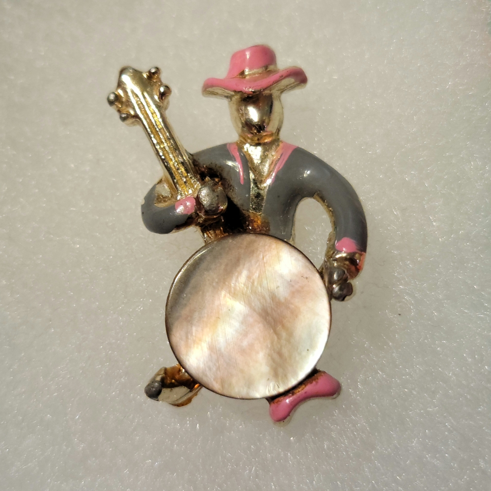 Gold and Pink Banjo Player Brooch
